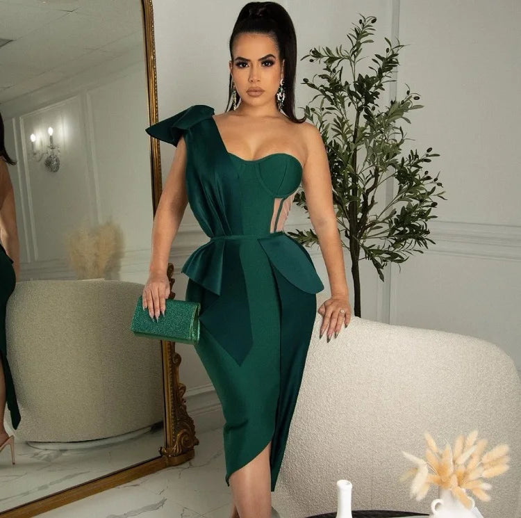 One-Shoulder Mesh Ruffle Bandage Dress VestiVogue green M