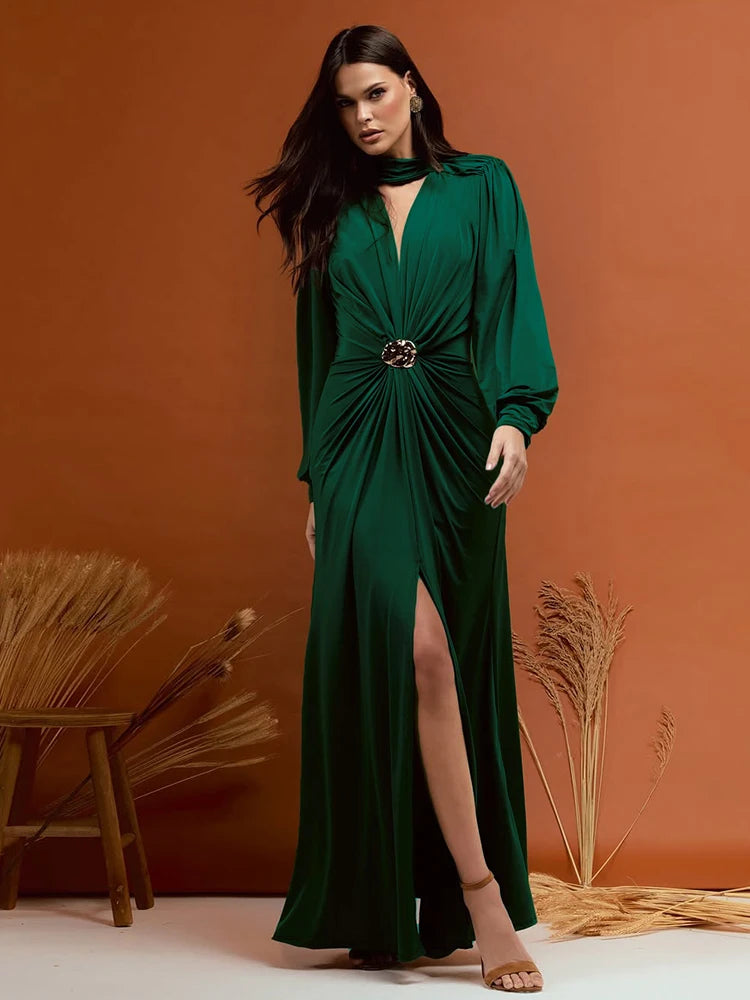 High Split Deep V-Neck Maxi Dress with Metal Accents VestiVogue