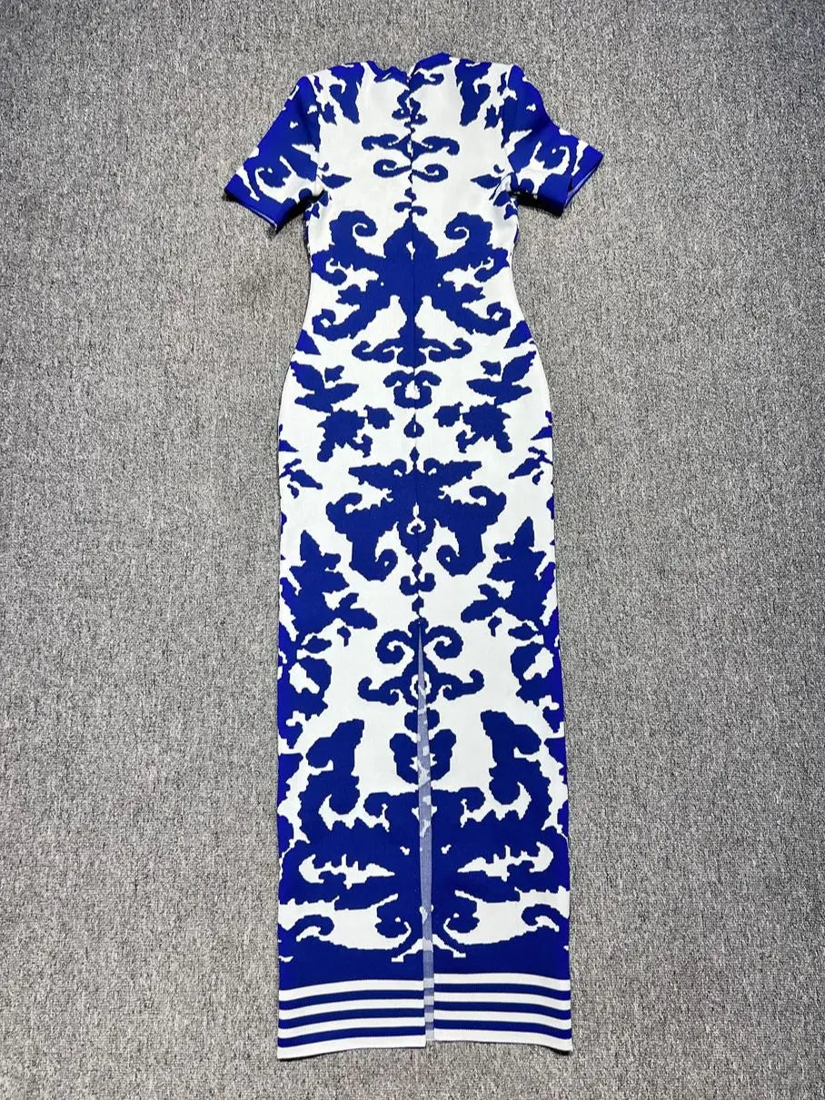 Elegant Blue and White Porcelain Bandage Dress VestiVogue  