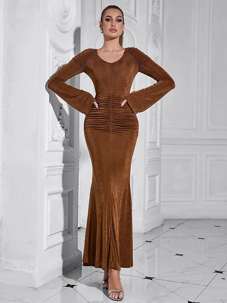 Brown V-Neck Flare Sleeve Maxi Dress VestiVogue