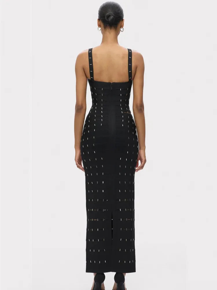 Elegant Black Beaded Sleeveless Bodycon Maxi Dress VestiVogue