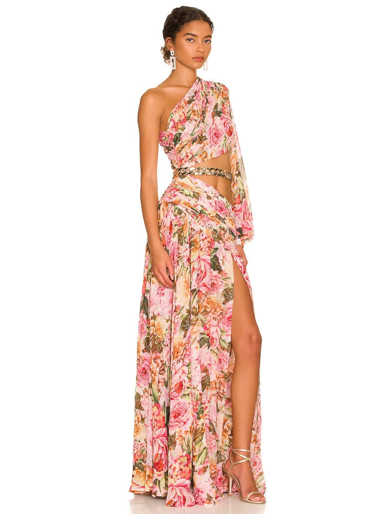 One Shoulder Floral Long Chiffon Maxi Dress VestiVogue  