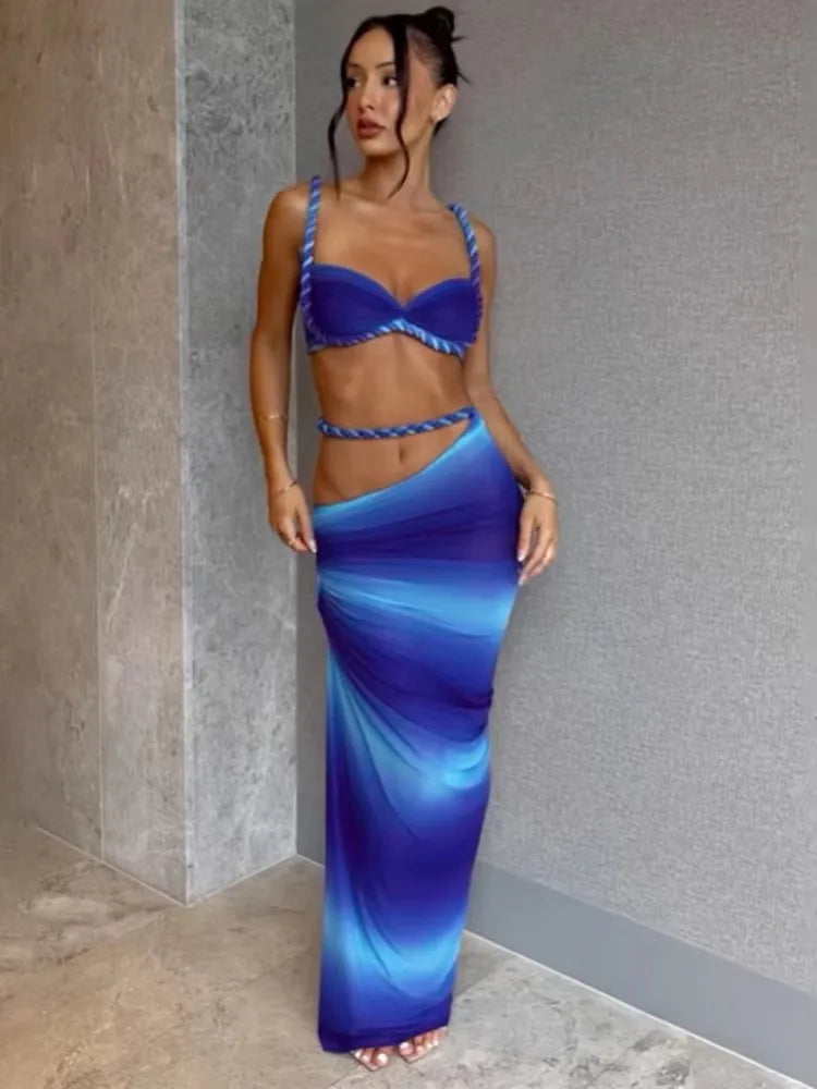 Backless Ruched Bra and Long Skirt Set VestiVogue Blue M
