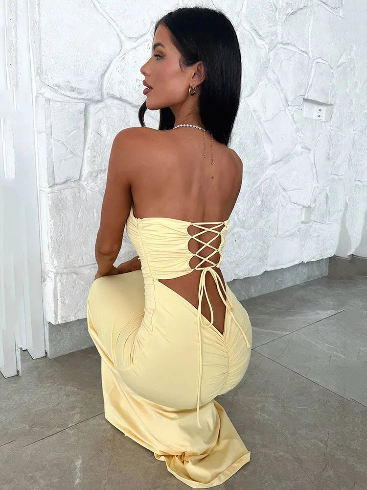 Sexy Sleeveless Hollow Out Maxi Dress for Women VestiVogue Yellow L