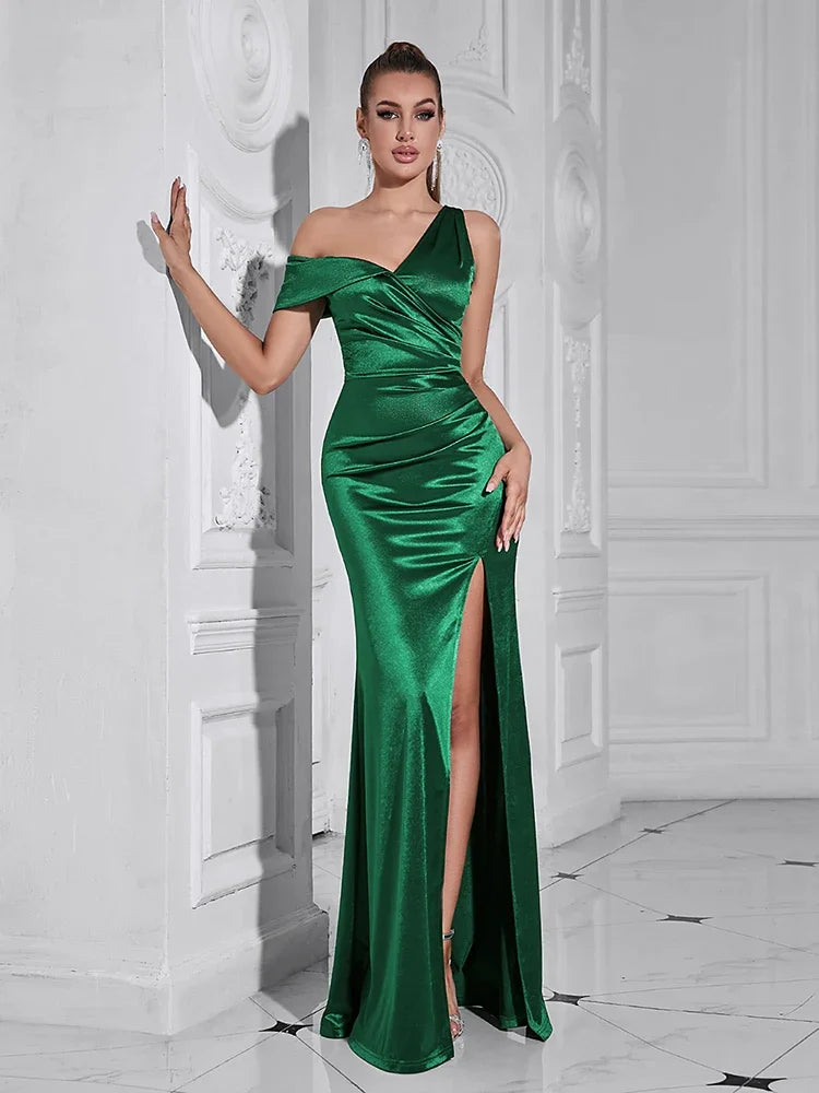 One Shoulder Asymmetrical Green Satin Maxi Dress VestiVogue