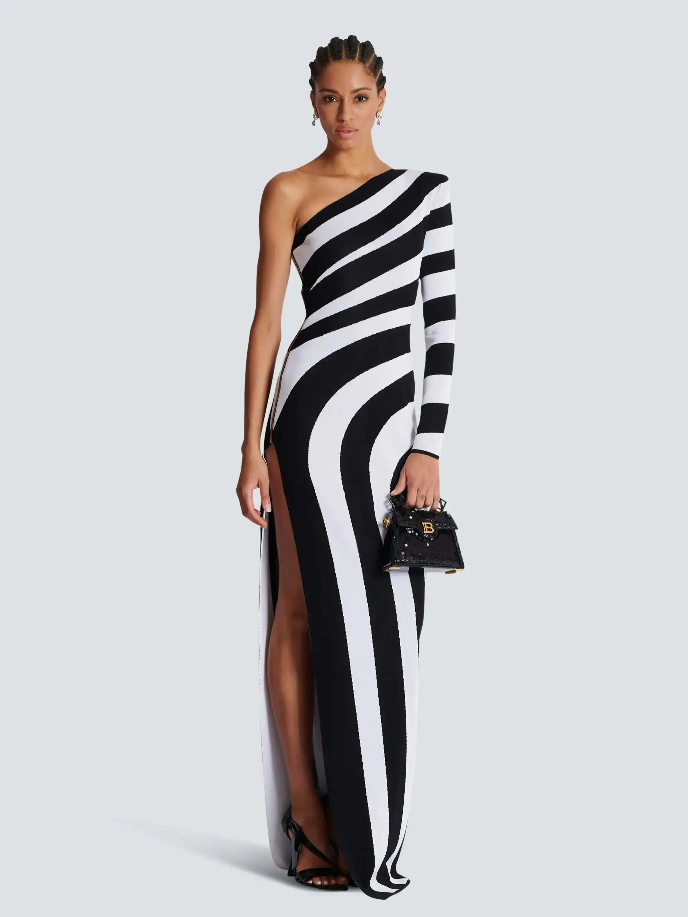 Asymmetrical Striped Jacquard Maxi Bandage Dress for Women VestiVogue black XS