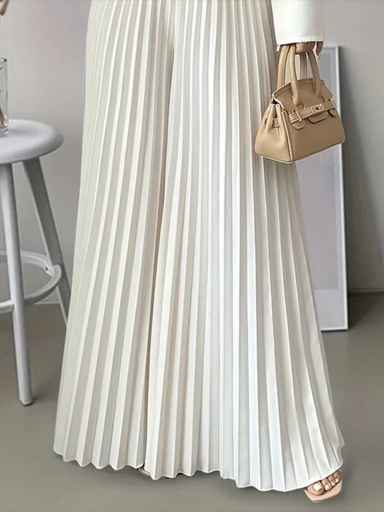 Pleated Wide Leg Skirt Pants with Elastic Waist VestiVogue