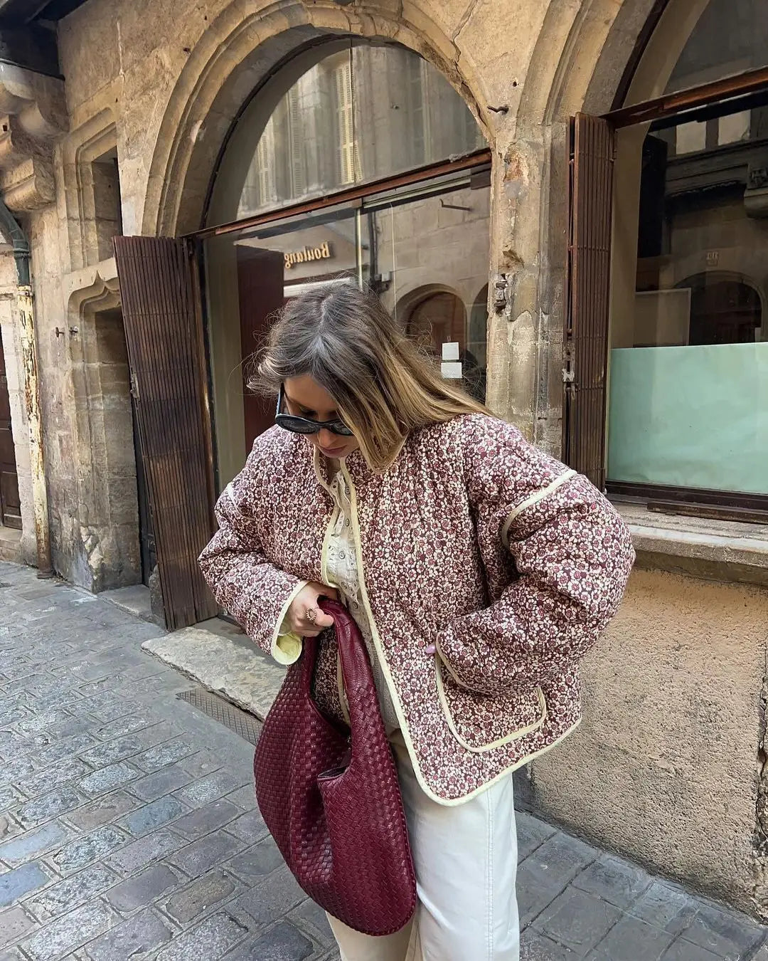 Floral Print Stand Collar Quilted Jacket for Women VestiVogue 2 L