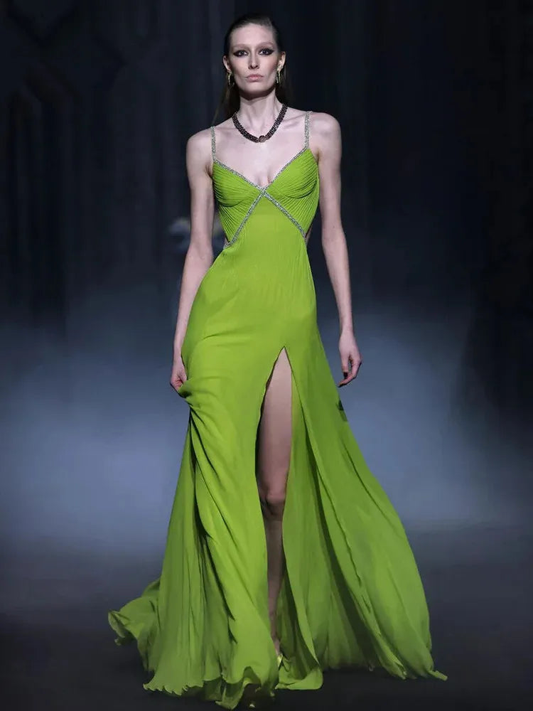 Green backless maxi dress with Split VestiVogue Green XS