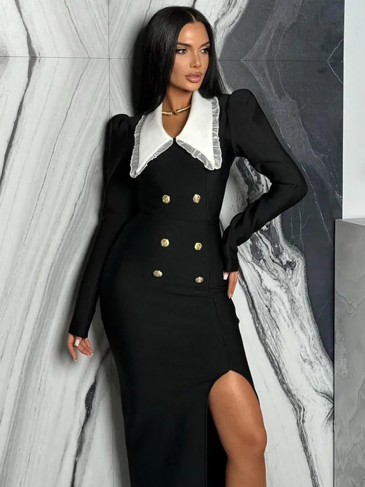 Chic Black Long Sleeve Bodycon Dress with Lace Patchwork VestiVogue