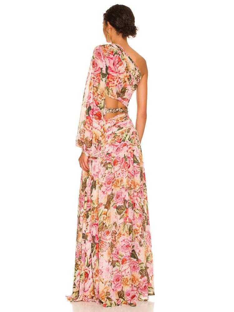 One Shoulder Floral Long Chiffon Maxi Dress VestiVogue  