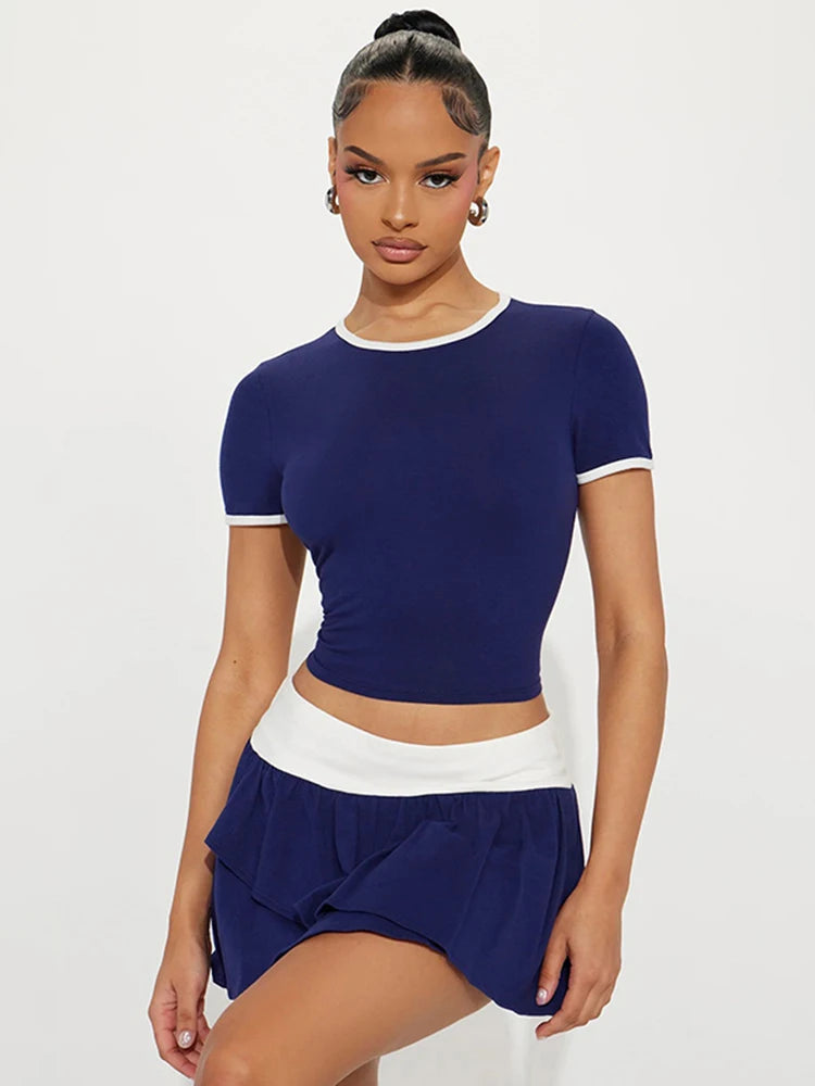 Sporty Panelled Two-Piece Set: O-neck Crop Tee & Pleated Mini Skirt VestiVogue