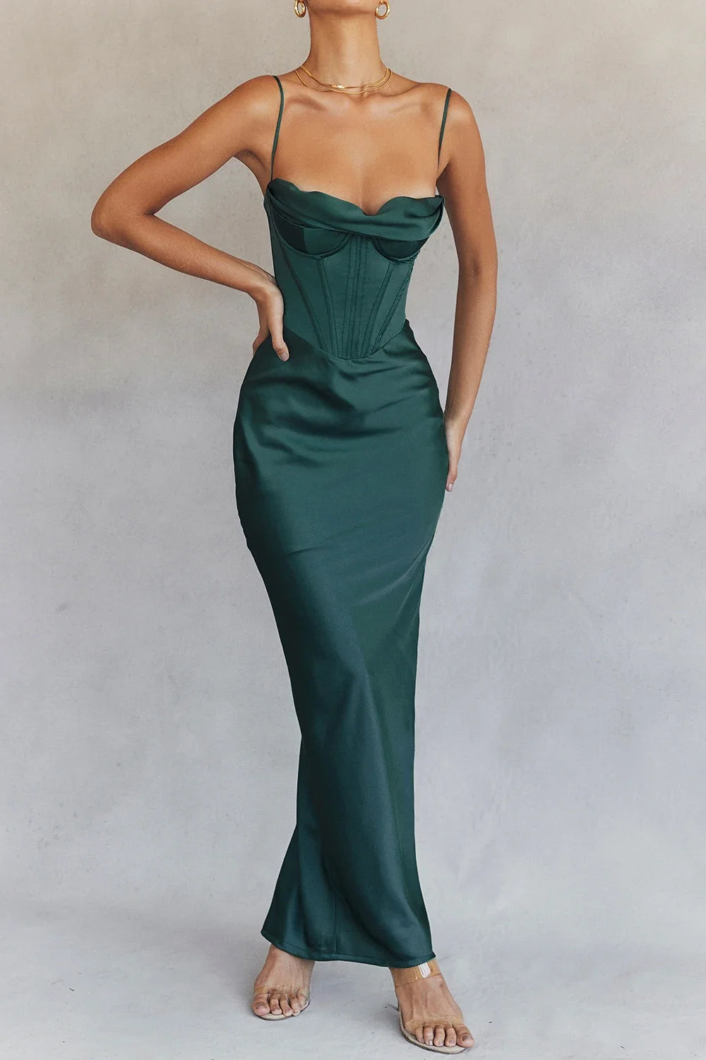 Pink Satin Corset Maxi Dress VestiVogue dark green XS