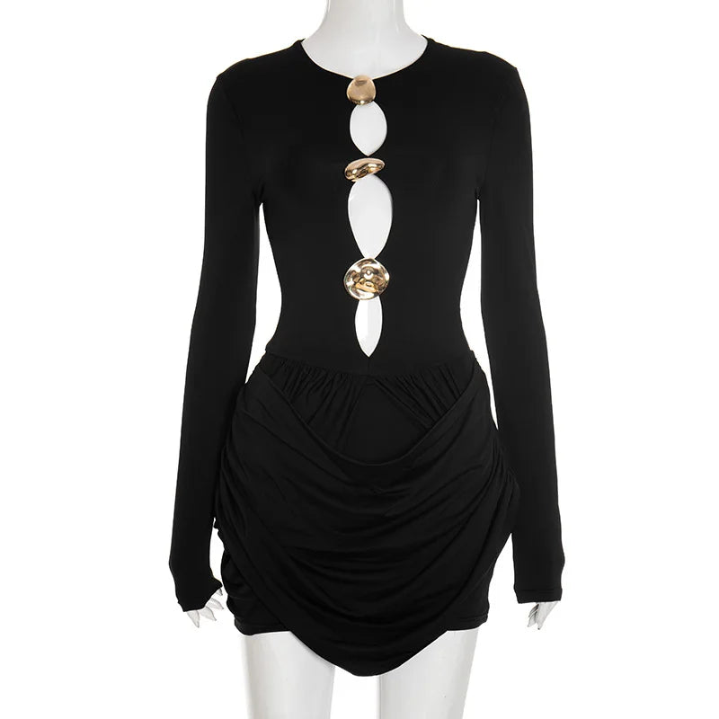 Hollow Out Long Sleeve High Waist Mini Dress VestiVogue Black 9733 L