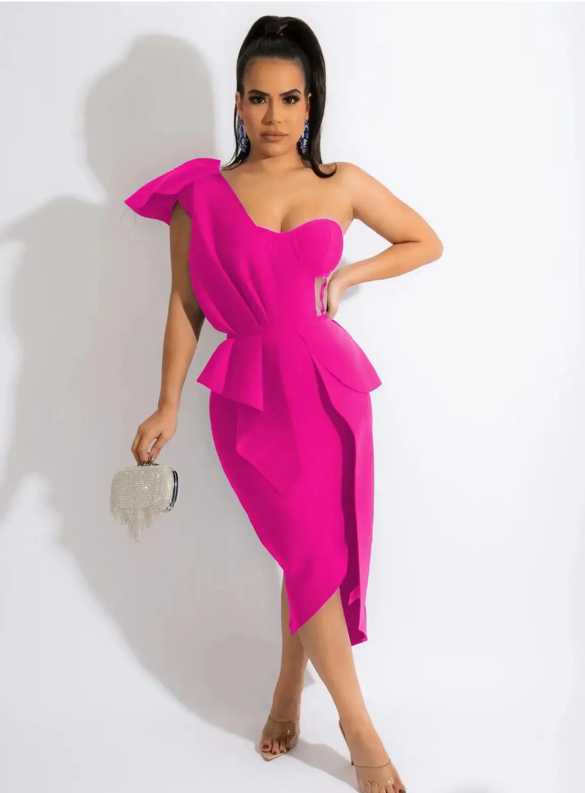 One-Shoulder Mesh Ruffle Bandage Dress VestiVogue hot pink XL