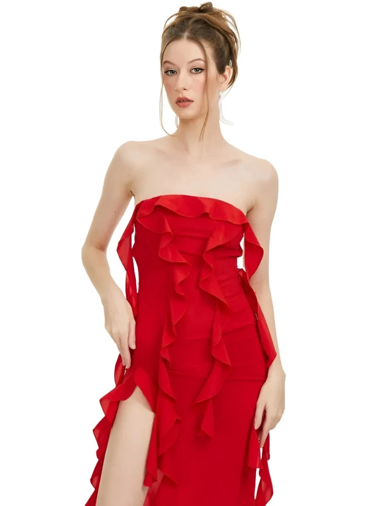 Backless Red Split Midi Bodycon Bandage Dress VestiVogue  