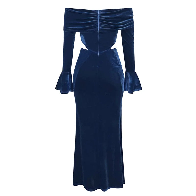 Dark Blue Velvet Off-Shoulder Maxi Dress VestiVogue