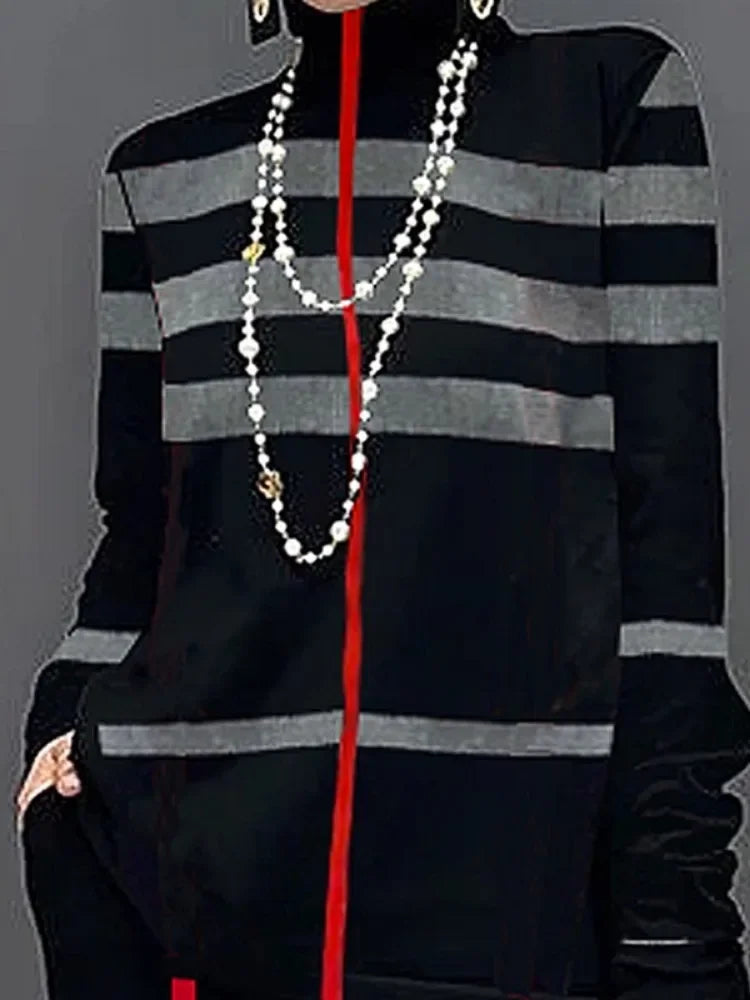 Striped High Neck Loose Fit Pullover T-shirt VestiVogue black M