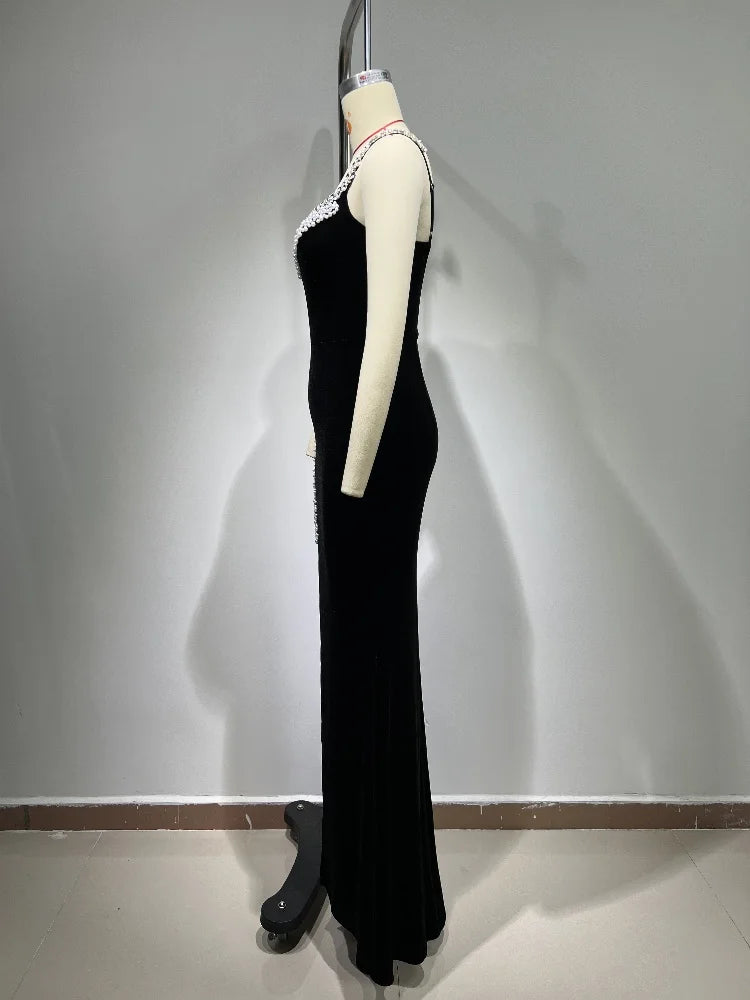 Chic Black Velvet Beaded Crystal Maxi Dress VestiVogue  