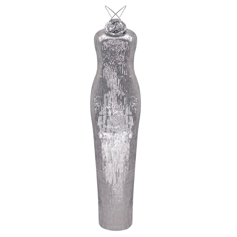 Sparkly Silver Bodycon Halter Dress VestiVogue