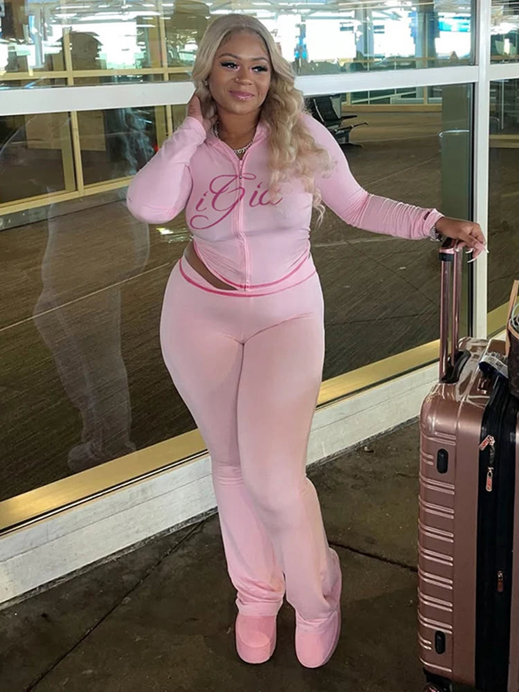 Sporty Chic Hooded Zip Crop Top & Flare Pants Set VestiVogue