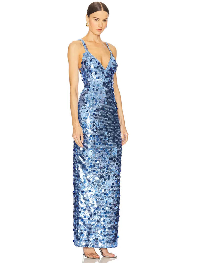 V Neck Black Sequin Maxi Gown VestiVogue