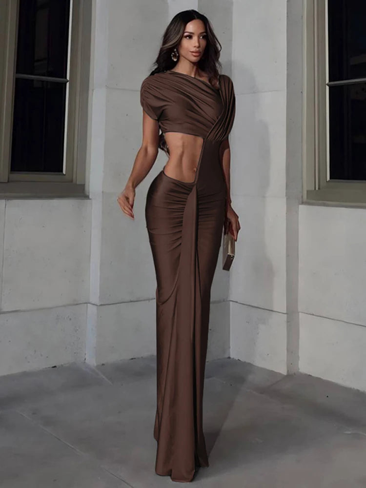 Irregular Hollow Bodycon Dress with Diagonal Collar and Slit Details VestiVogue Brown S