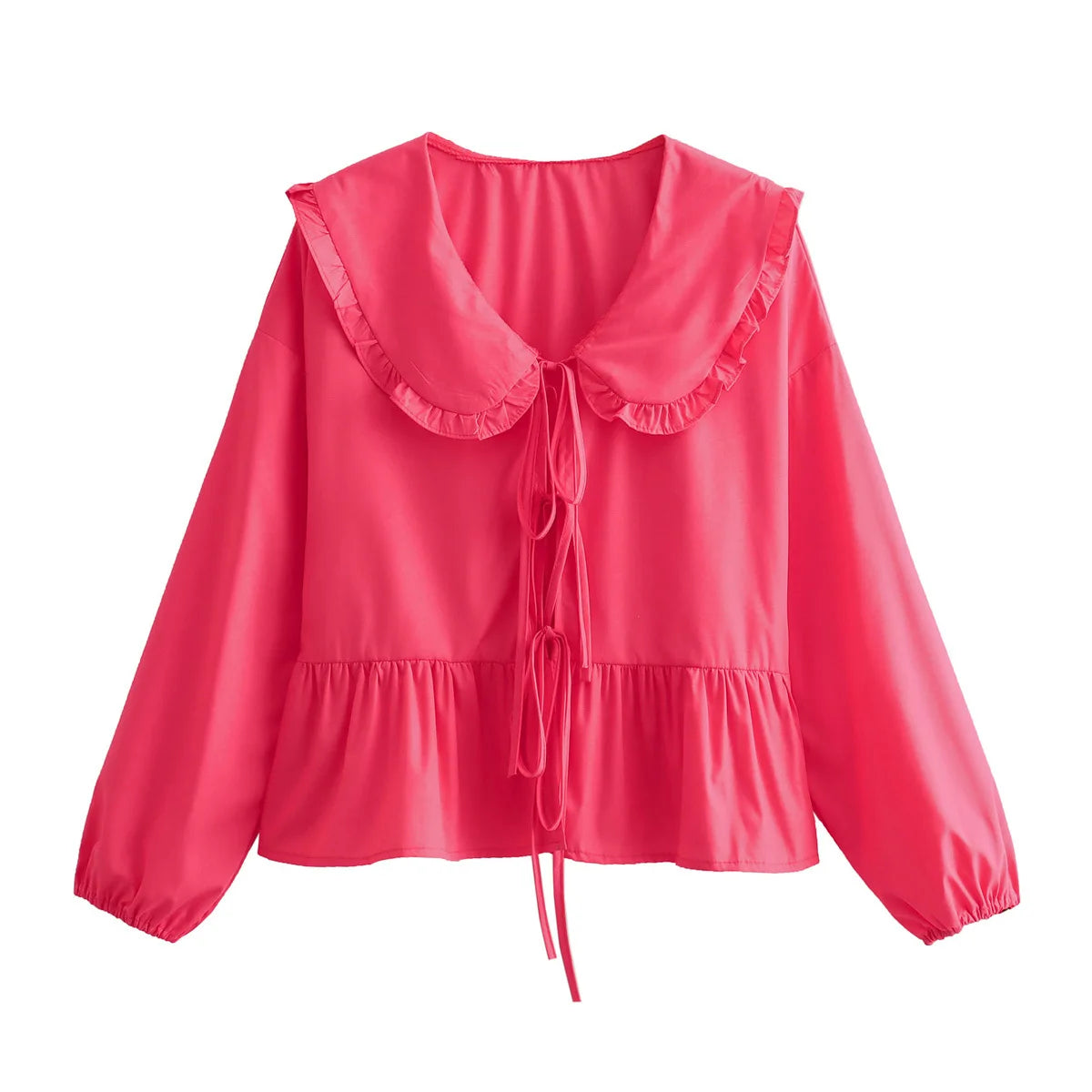 Long Sleeve Blouse with Pleats knots VestiVogue Rose Red M