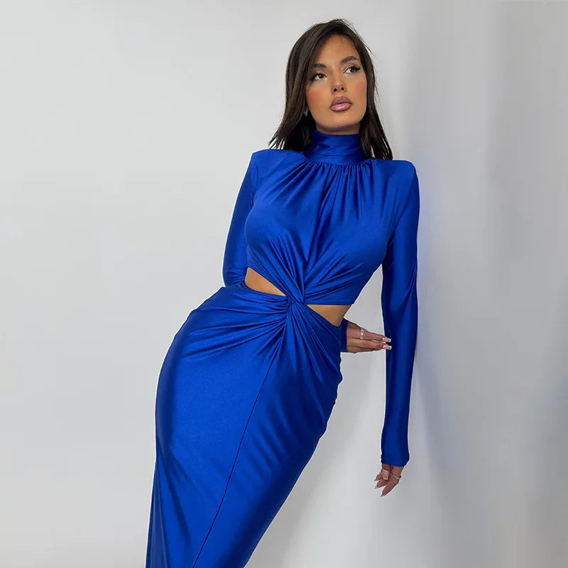 Elegant Hollow Out Turtleneck Bodycon Maxi Dress VestiVogue Blue S