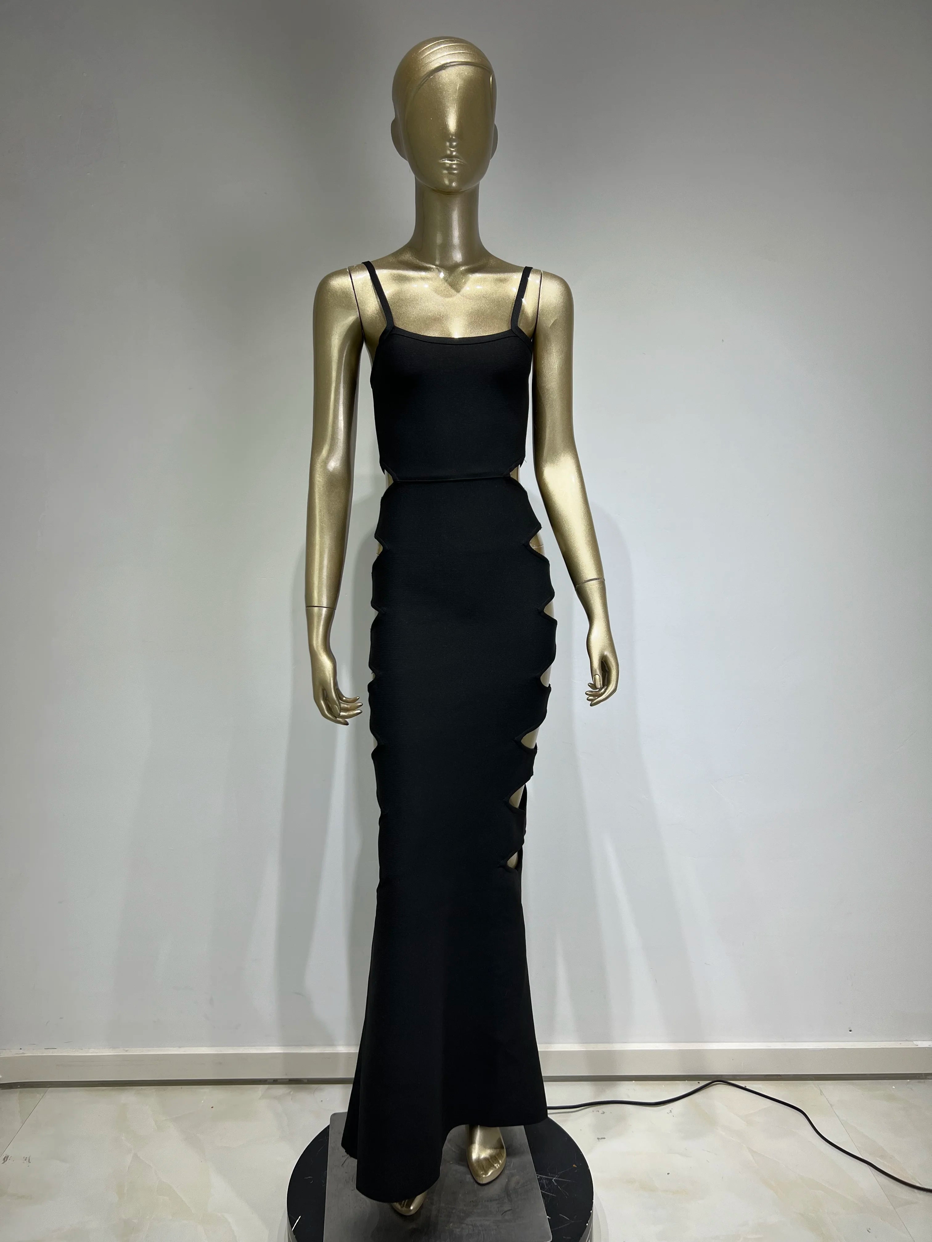 Elegant Black Maxi Bandage Dress with V Neck and Hollow Out Design VestiVogue  