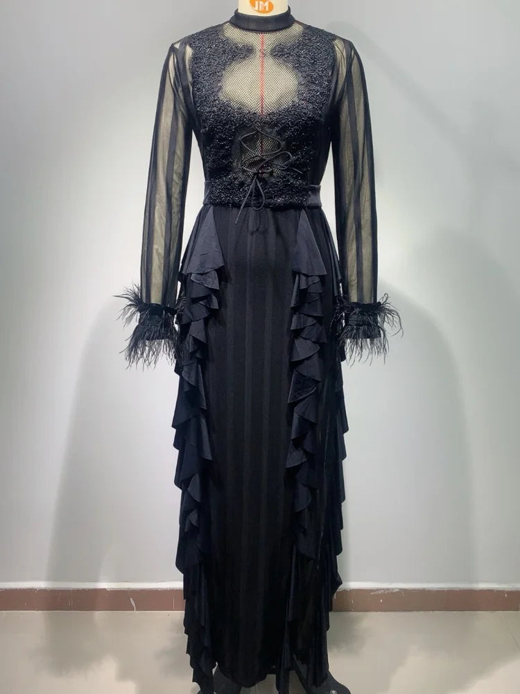 Elegant Black Lace & Mesh Maxi Dress with Feathers VestiVogue  