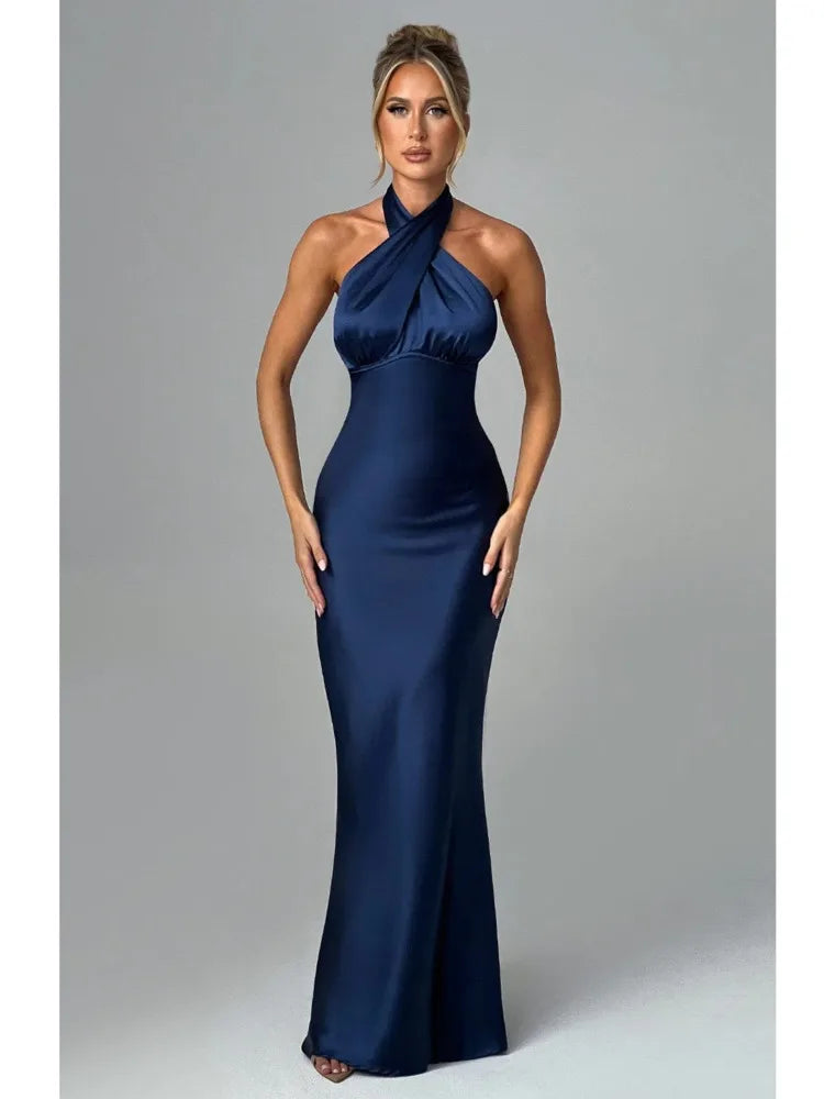 Elegant Backless Satin Maxi Dress for Women VestiVogue  