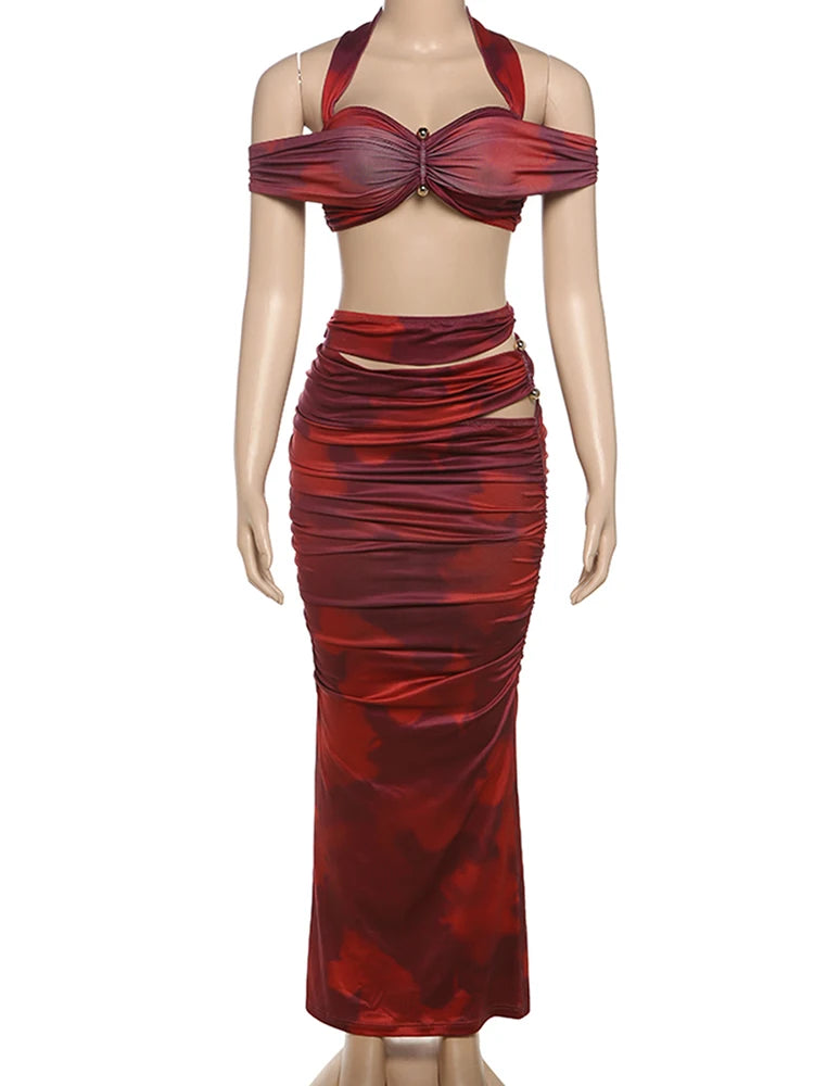Halter One-Shoulder Mini Top & Hollow Long Skirt Set VestiVogue
