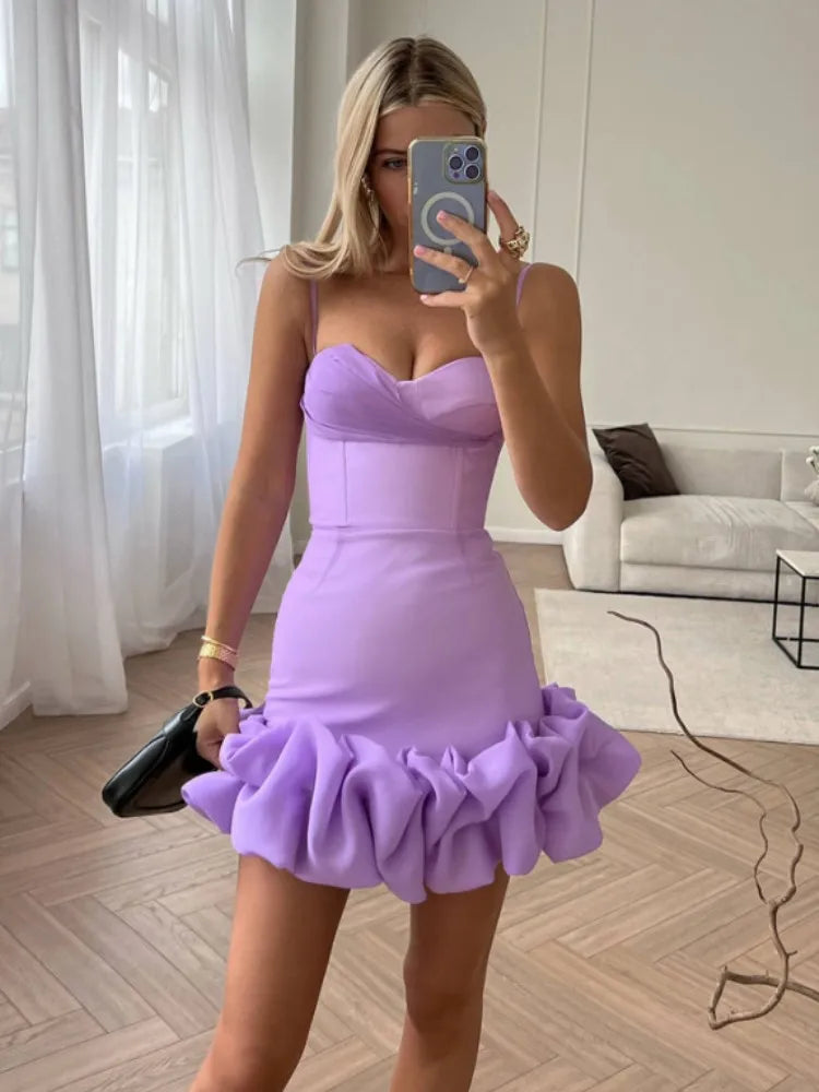 Lace Mesh Mini Cocktail Dress in Violet Pink VestiVogue Lavender XS