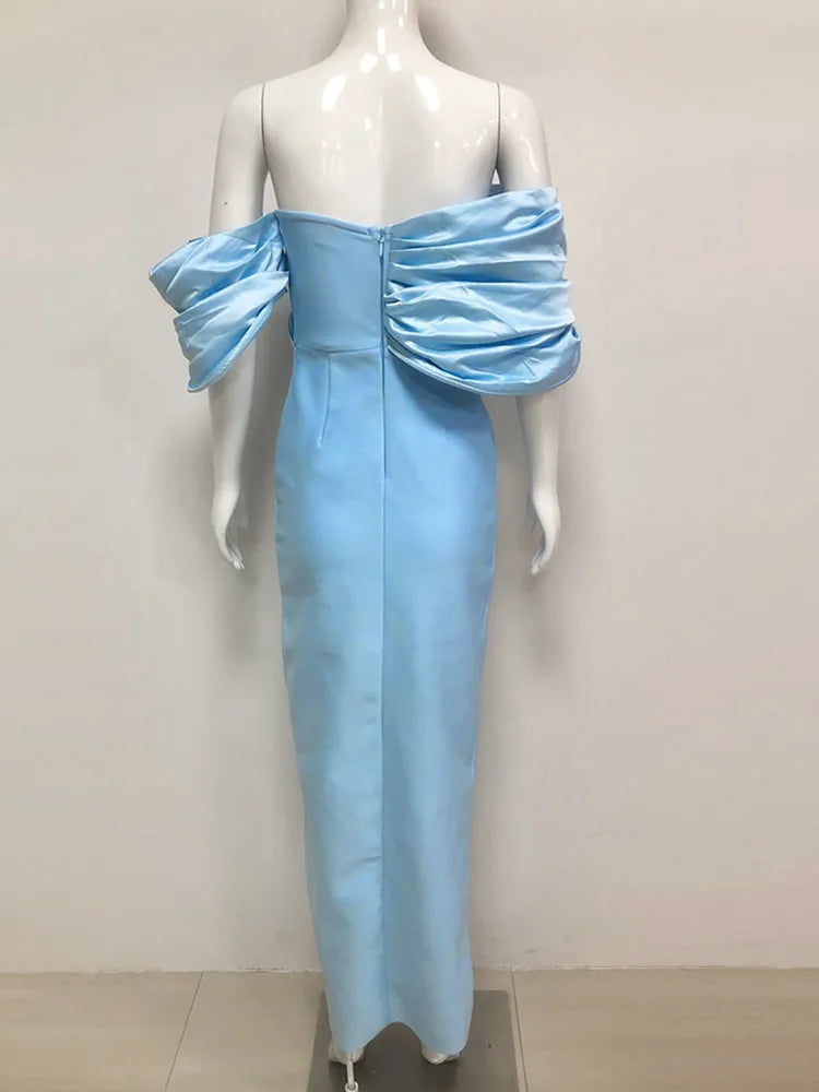 Off-Shoulder Beaded Split Bodycon Dress in Blue and Black VestiVogue