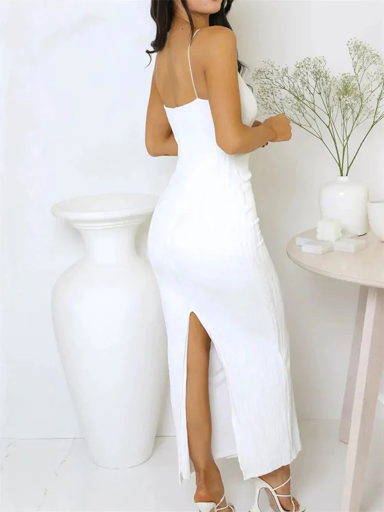 Elegant Ruched Sleeveless Long Dress with Side Split VestiVogue