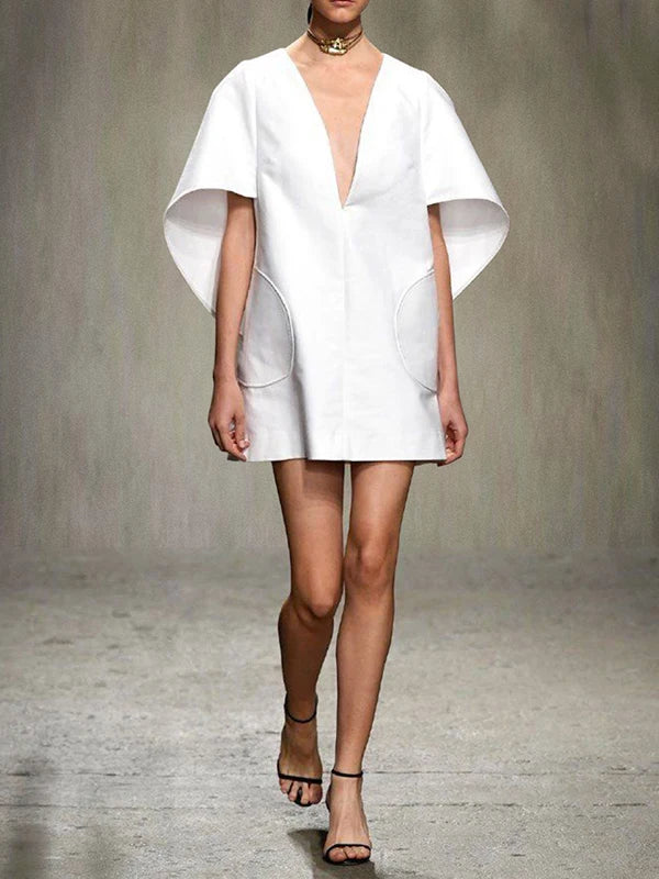 Effortless Chic Deep V-Neck Mini Dress with Flare Sleeves VestiVogue WHITE S