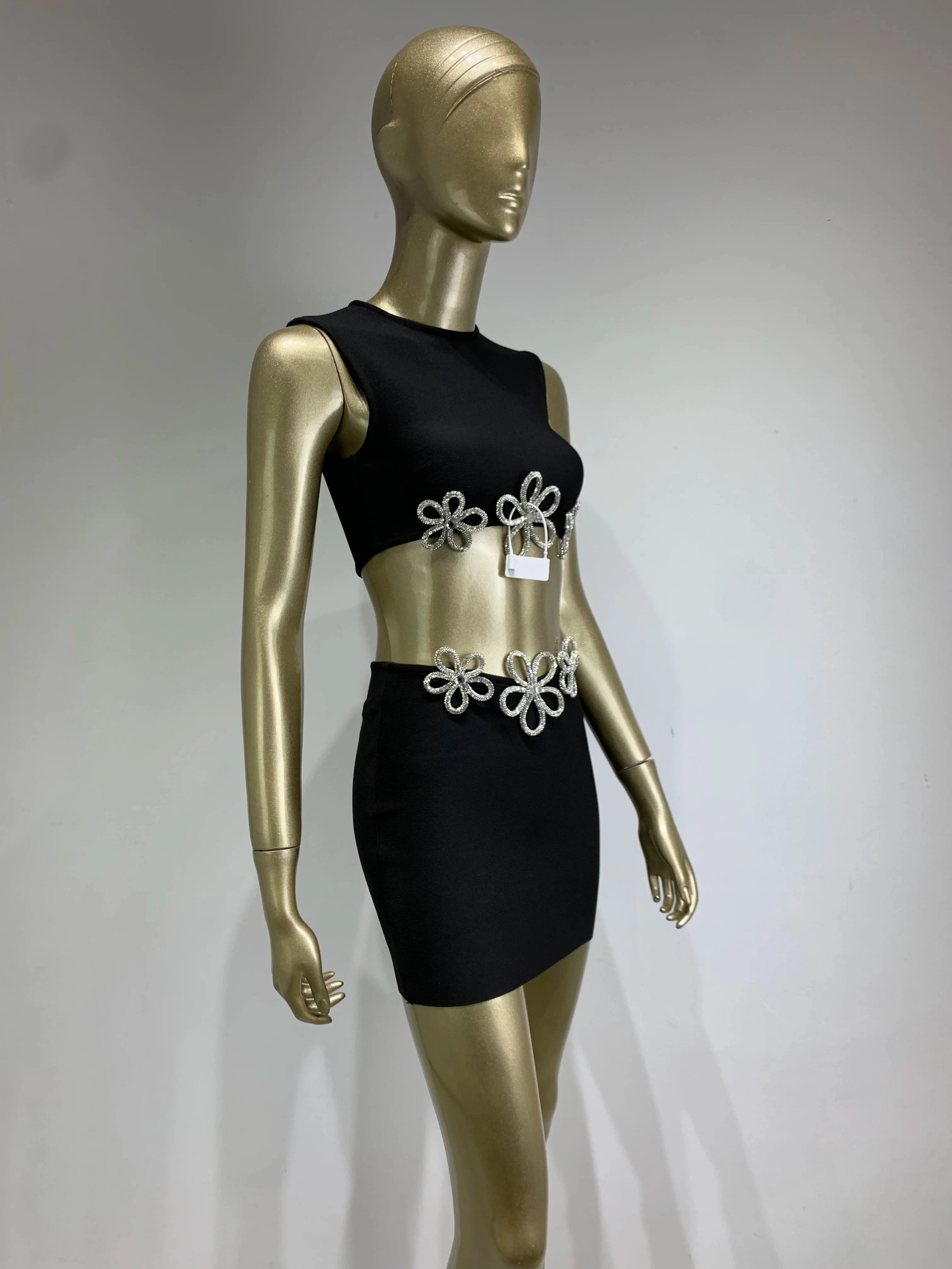 Crystal Detail Black Mini Skirt Set VestiVogue  