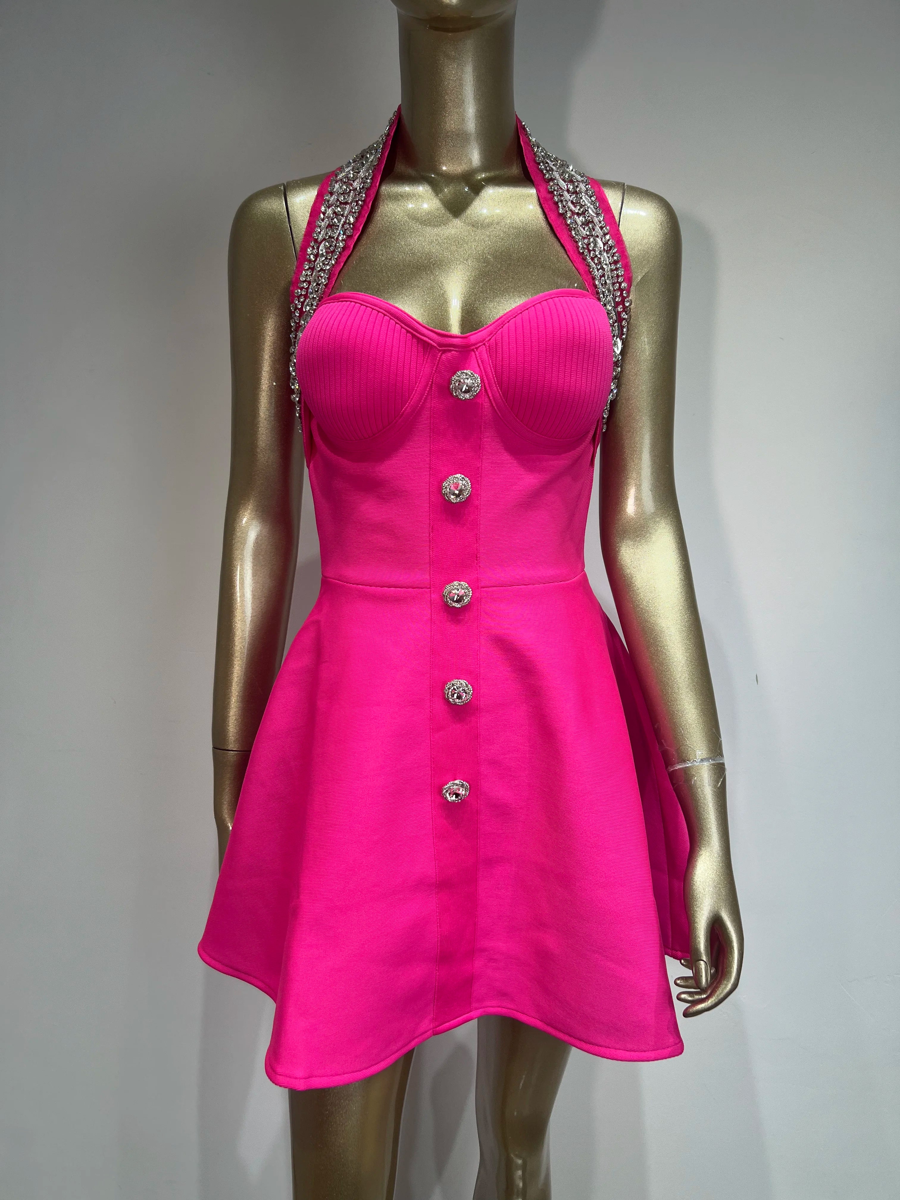 Elegant Backless Halter Bandage Dress with Beading VestiVogue