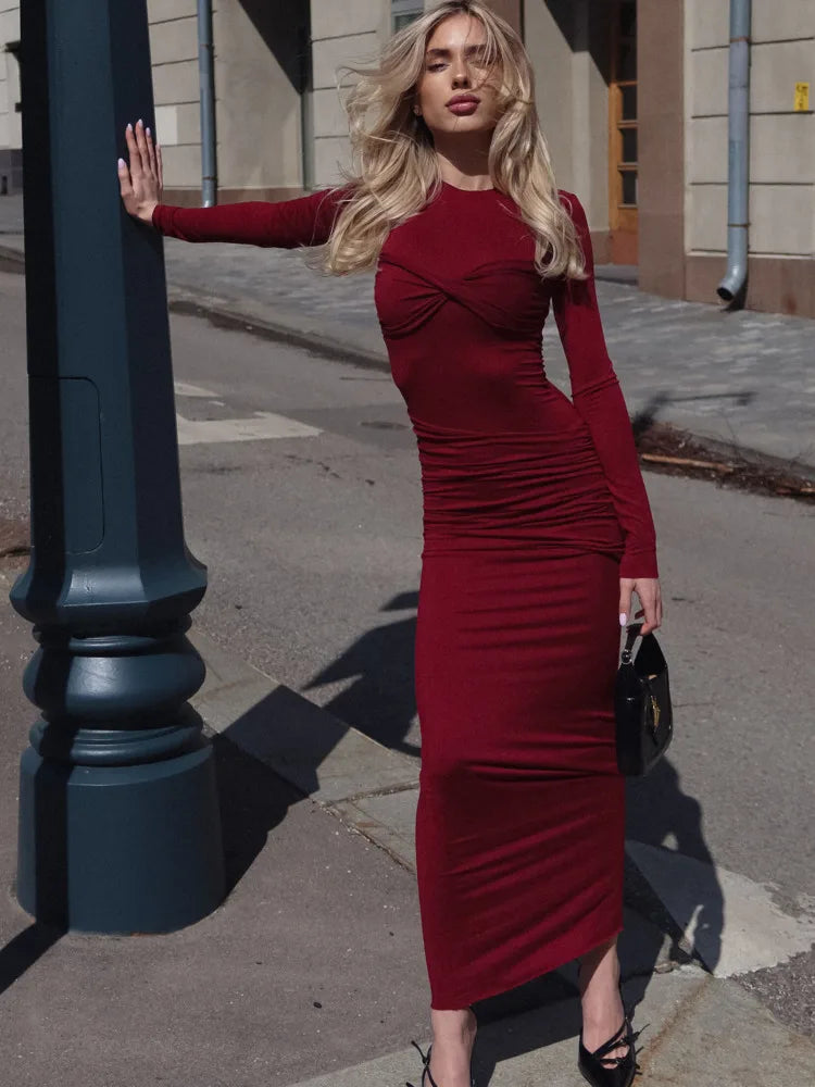 Elegant Long Sleeve Pleated Ankle-Length Dress VestiVogue  