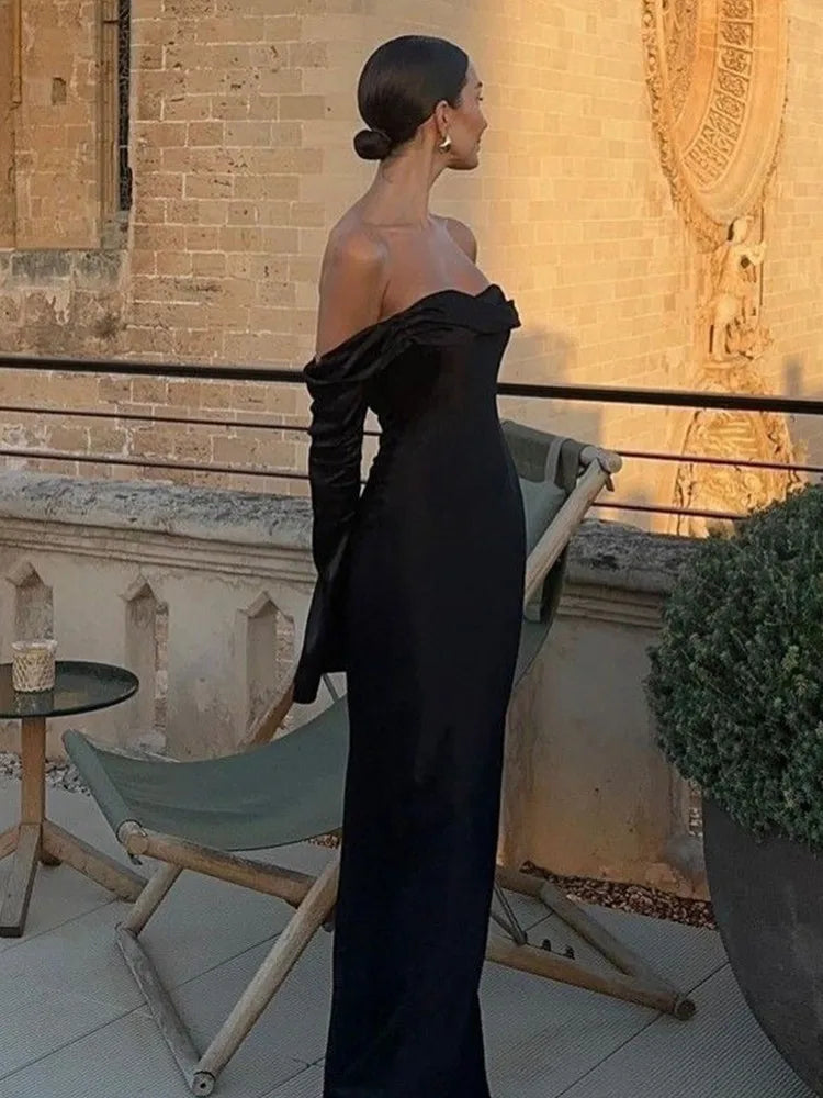 Elegant Off-Shoulder Black & White Lace Maxi Gown VestiVogue