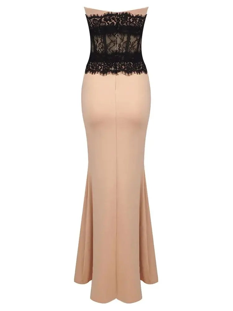 Elegant Strapless Lace Maxi Dress in Black VestiVogue