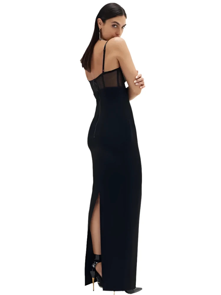 Sleveless Cutout Black Beading Midi Bandage Dress VestiVogue  