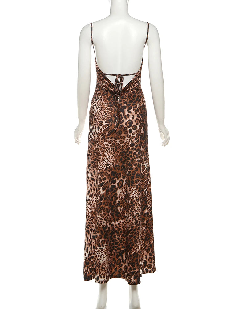 Leopard Print High-Split Backless Maxi Dress VestiVogue