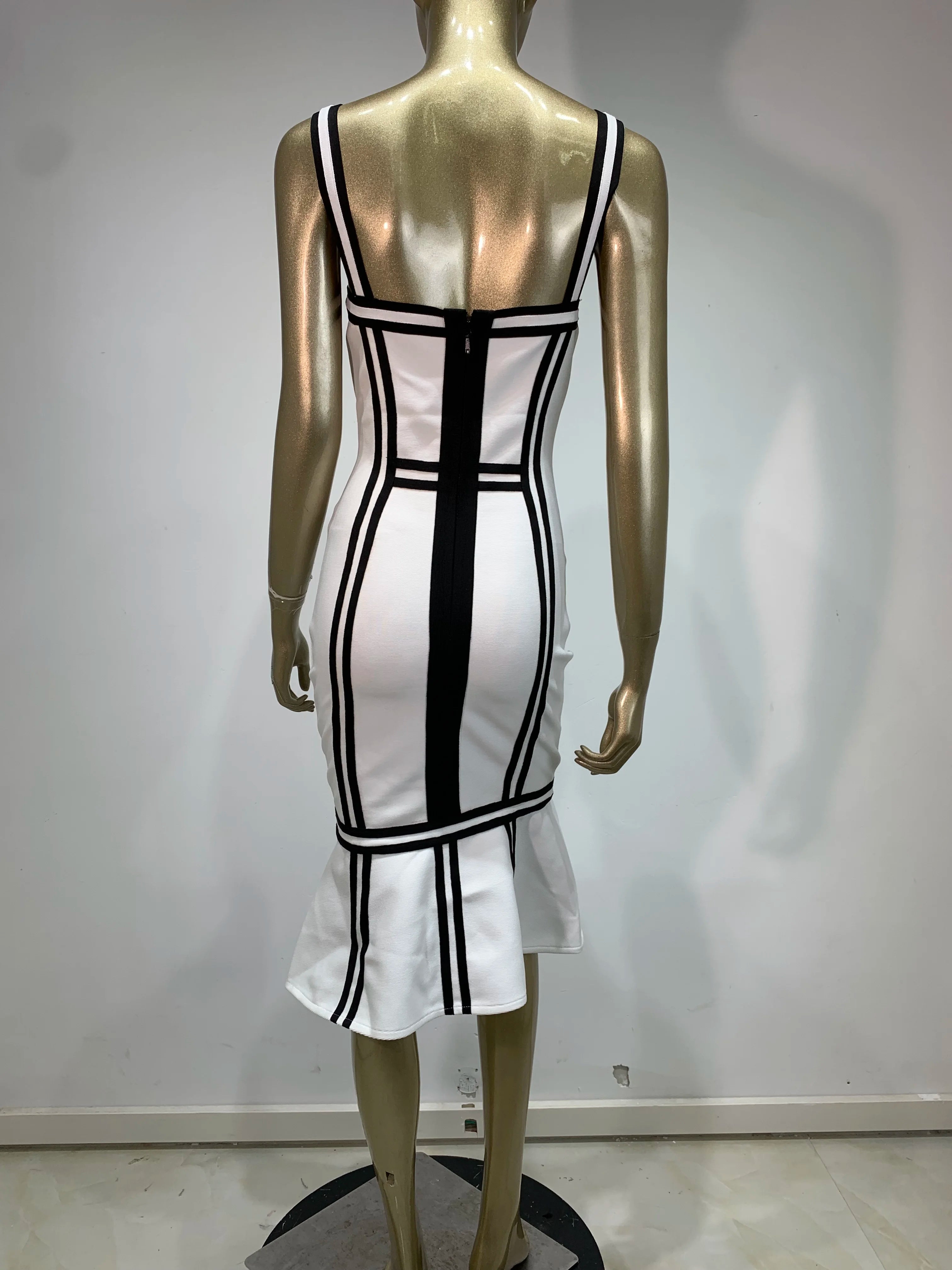 V Neck Striped Mermaid Midi Bodycon Dress VestiVogue