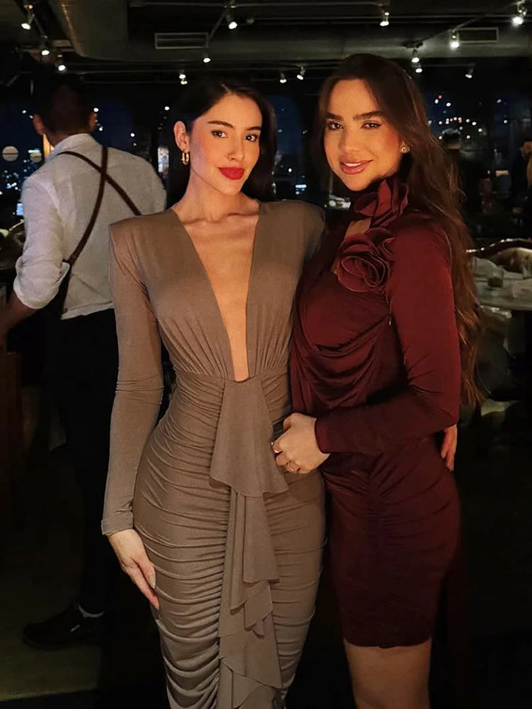 Ruched Deep V-Neck Ruffle Sleeve Midi Dress VestiVogue Brown L