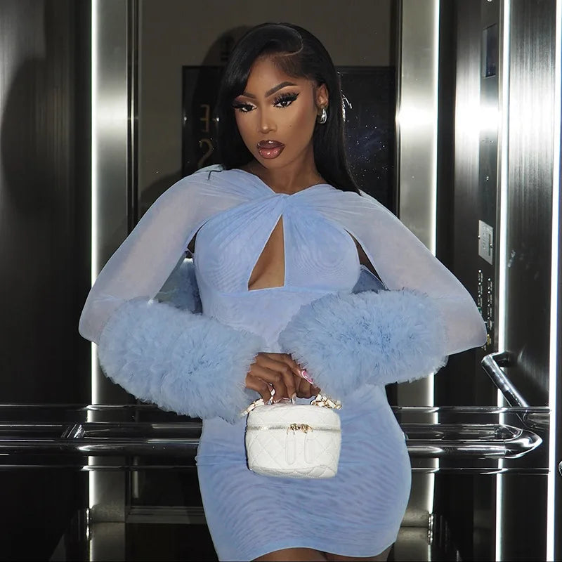 Elegant Sheer Patchwork Midi Dress with Hollow Cross Detailing VestiVogue