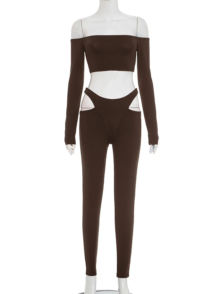 Chic Slash Neck Crop Top & High-Waist Hollow Leggings Set VestiVogue