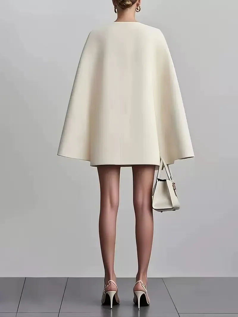 Elegant V-Neck Double Breasted Blazer Dress with Cape Sleeves VestiVogue