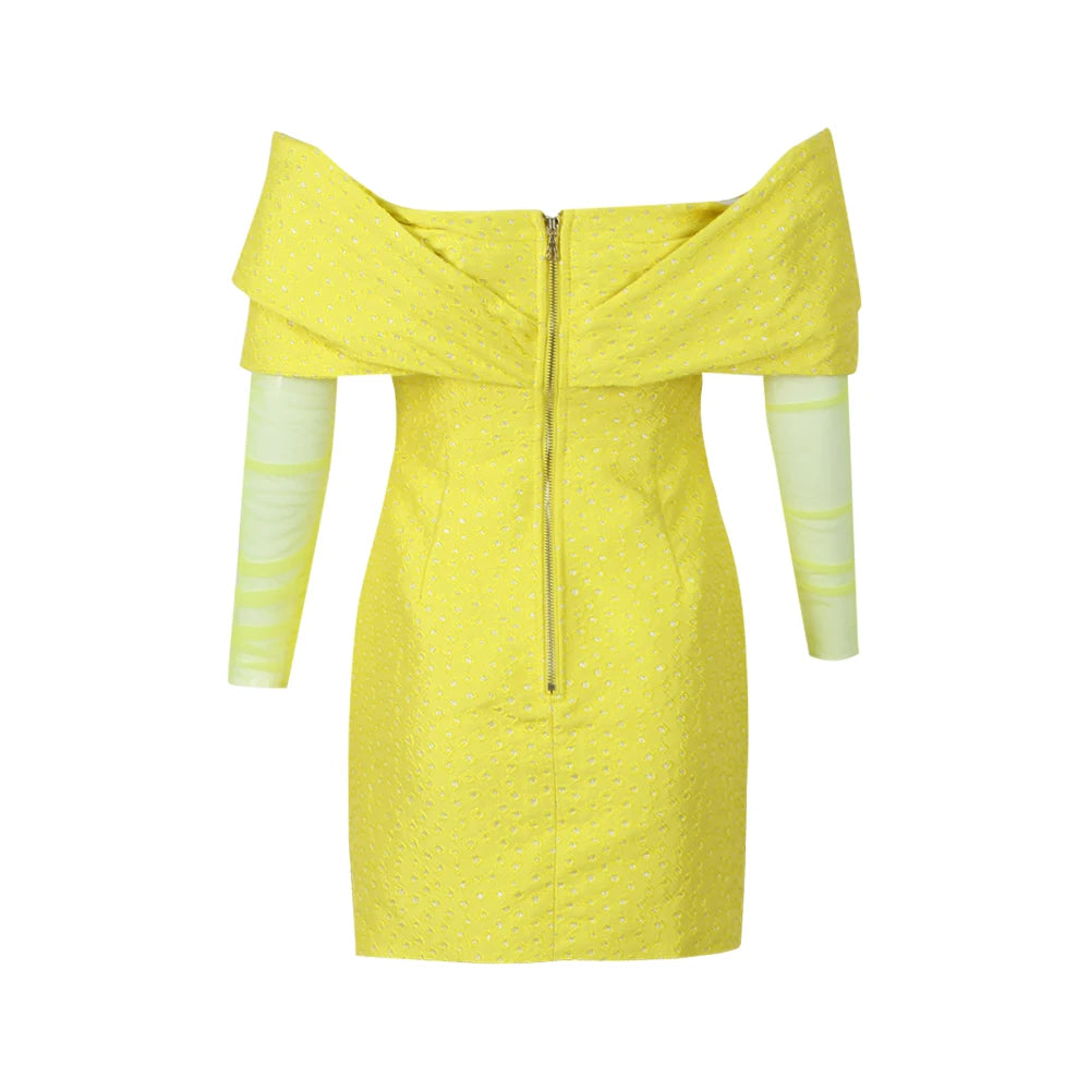 Elegant Yellow Strapless Mini Dress with Mesh Patchwork VestiVogue